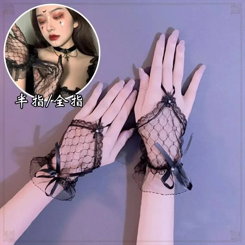 Lace Bow Fishnet Gloves
